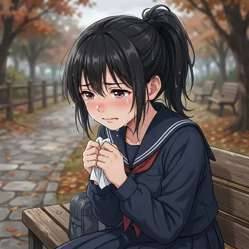 Sad Anime Character with Black Hair Crying