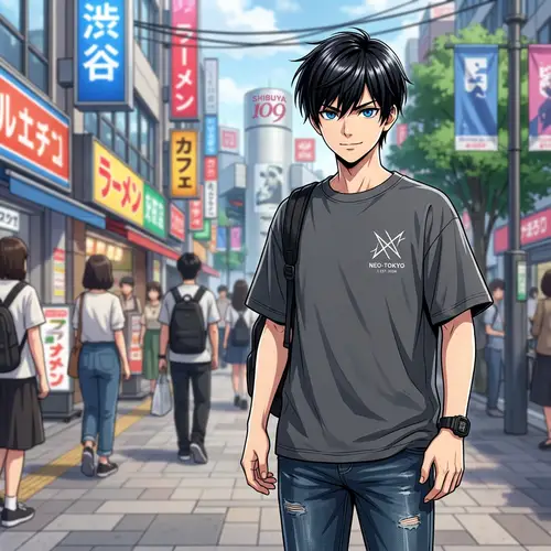 Anime Style Teenage Boy with Striking Blue Eyes and Black Hair