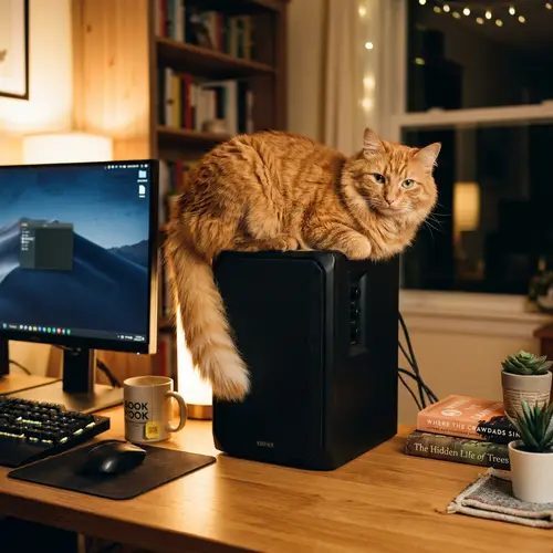 Fluffy Orange Tabby Cat on Sleek Computer Speaker