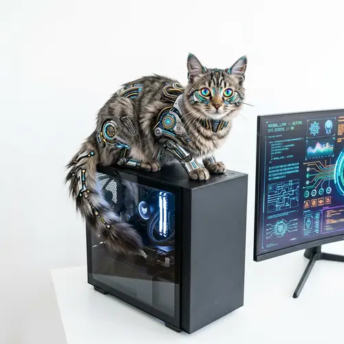Adorable Cyborg Cat on Computer - Tech-Savvy Feline