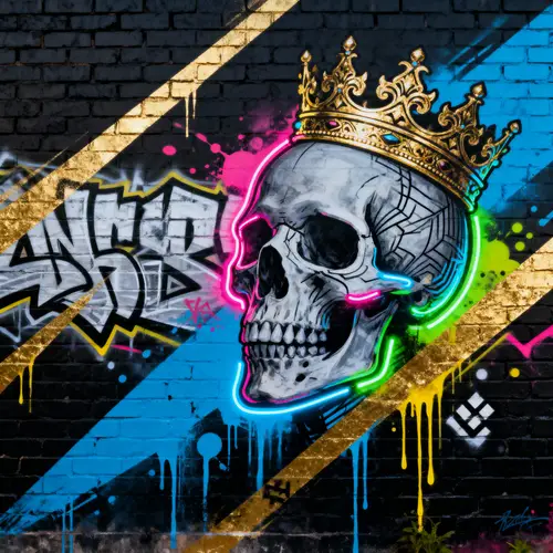Vibrant Urban Graffiti Mural with Skull and Crown