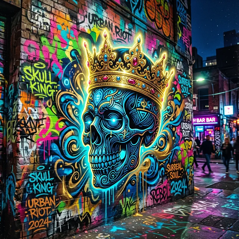 Vibrant Urban Graffiti Mural with Skull and Crown