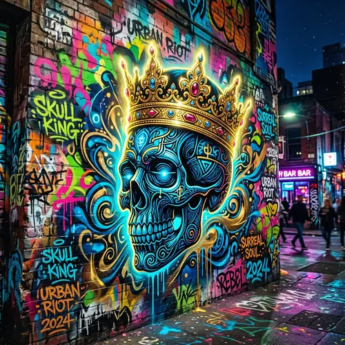 Vibrant Urban Graffiti Mural with Skull and Crown