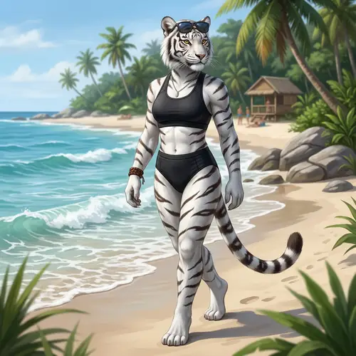 Anthropomorphic White Tigress in Black Bikini