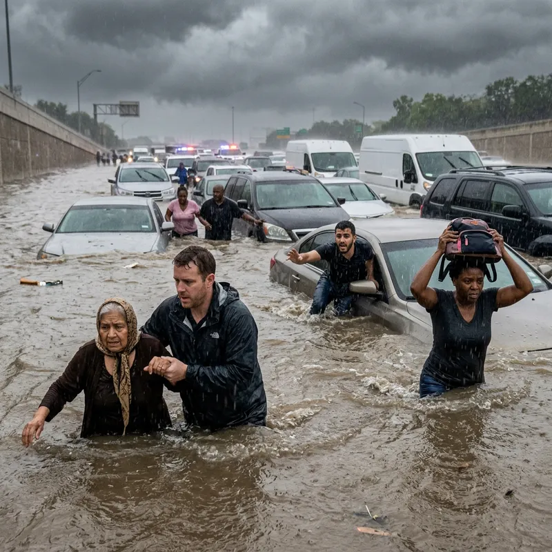 Disaster Flood: People Fleeing Submerged Cars Disaster Flood: People Fleeing Submerged Cars