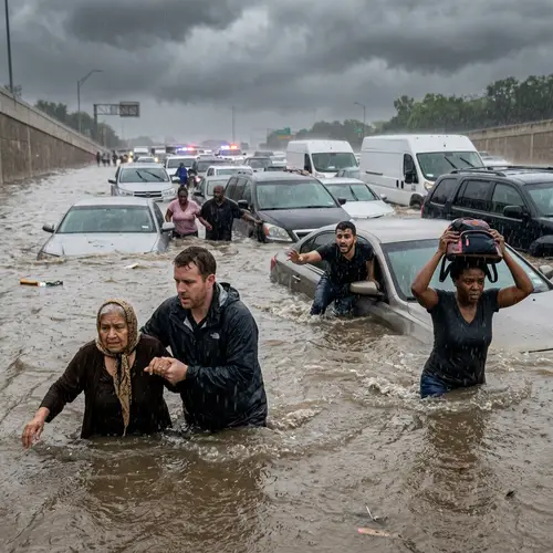Alarming Flood Scene: Diverse Group Escaping from Submerged Vehicles