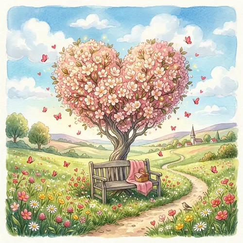 Whimsical Valentine's Day Illustration with Heart-shaped Tree and Romantic Elements