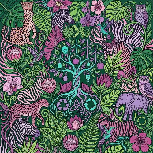 Vibrant Sustainability Art: Animal Prints & Flora in Green, Pink, Purple, Turquoise