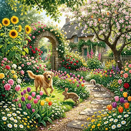 Vibrant Garden Bursting with Colorful Flowers and Playful Animals