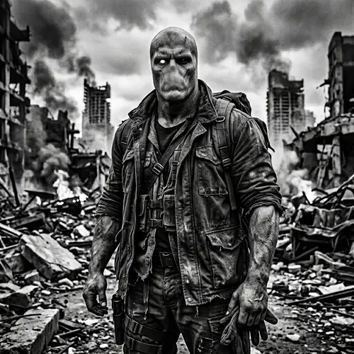 Striking Black and White Man in Post-Apocalyptic Setting