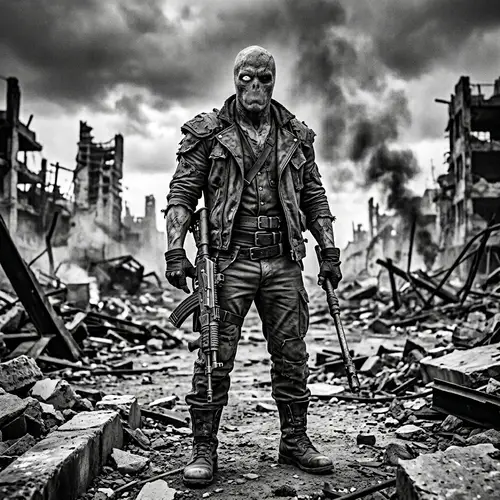 Unique Black and White Portrait in Apocalyptic Setting