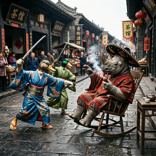 Realistic Rhinoceros in Mexican Sombrero vs. Ducks in Kimonos