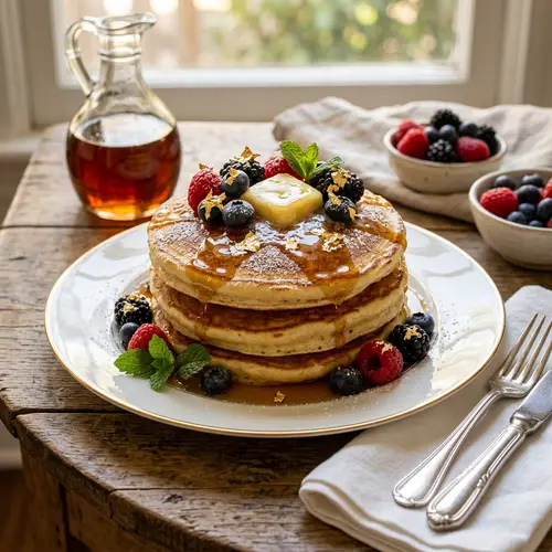 Luxurious Golden-Brown Pancake with Fresh Berries and Gold Leaf