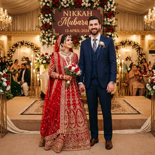 Nikkah Mubarak Wedding: Groom 6.1ft in Blue Suit, Bride 5.9ft in Red Dress