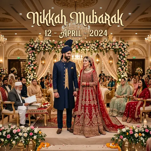 Elegant Nikkah Ceremony: Groom in Dark Blue Suit & Bride in Red Dress - 12-April-2024