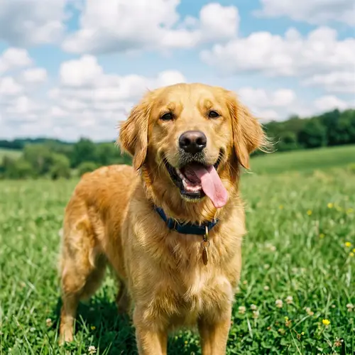 Playful Golden Retriever Frolicking on Green Field | Happy Dog Scene