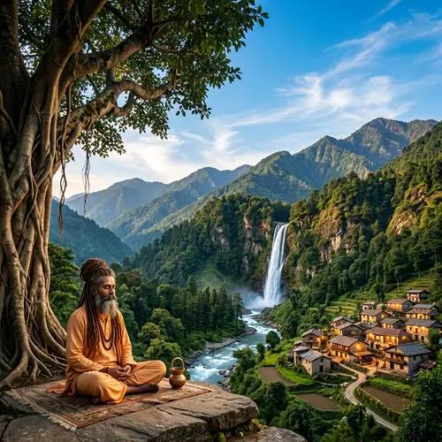 Serene Mountain Landscape with Waterfalls and Meditating Sadhu