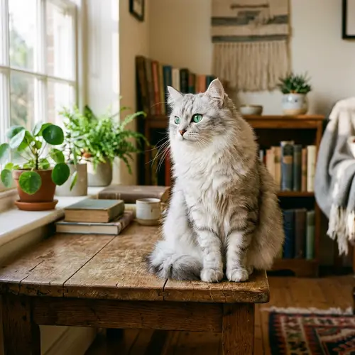 Domestica Breed Feline on Wooden Surface | Fluffy Silver & White Fur