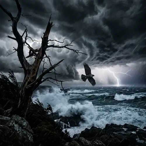 Intense Scene of Anger: Swirling Clouds, Roaring Waves, Lightning