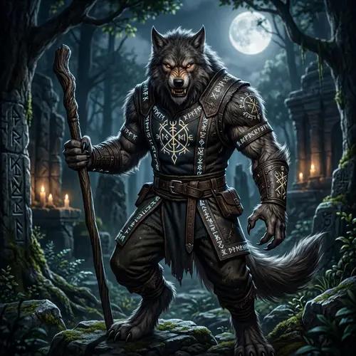 Detailed Werewolf Character with Intricate Runes on Clothes