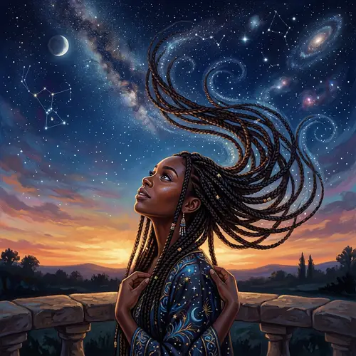 Black Woman with Intricate Braids Reaching for the Celestial Sphere