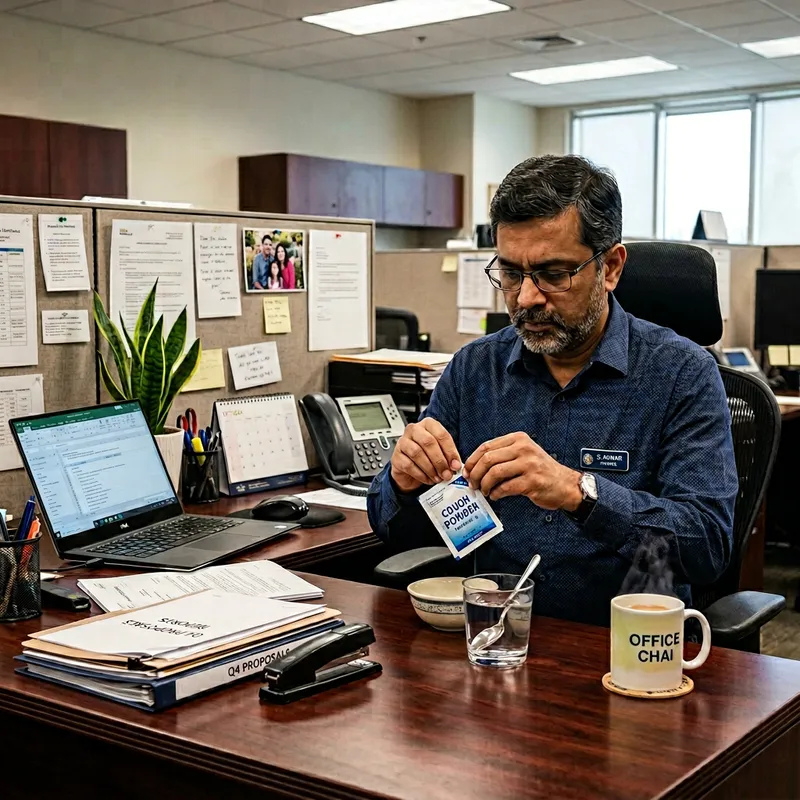 Focused Man Opening Cough Powder Sachet in Office Environment