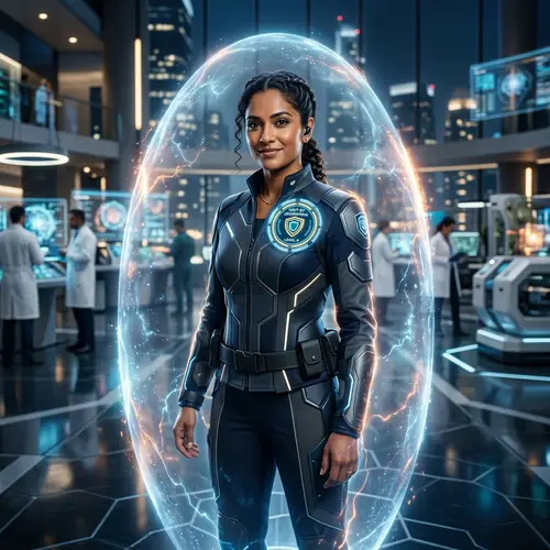 Futuristic South Asian Woman with Energy Shield and Digital Badge