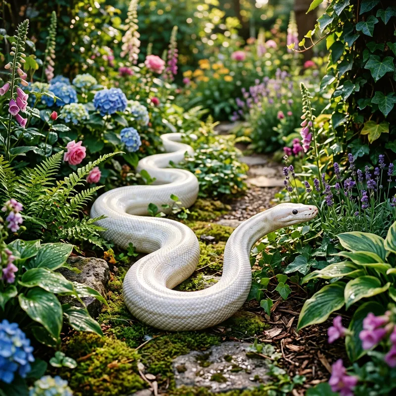 Elegant White Snake in a Lush Garden Setting
