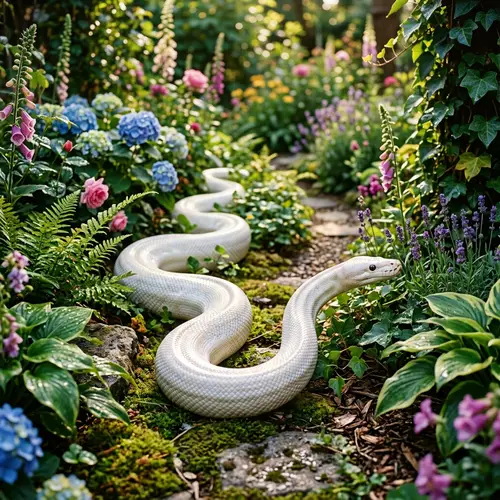 Elegant White Snake in a Lush Garden Setting