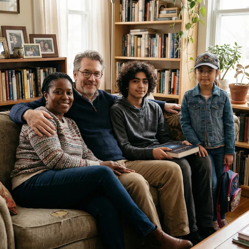 Joyful Family Portrait: Wise Dad, Strong Mom, Caring Kids