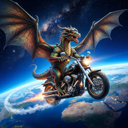 Dragon Riding Motorcycle in Space - Adventure in the Sky