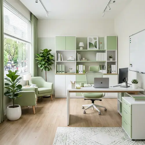 Modern Office Room with Green & White Furniture