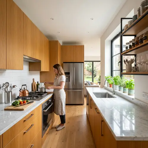 Modern Modular Kitchen Design with Marble Countertop and Stainless Steel Appliances