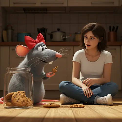 Cartoon Gray Rat in Pixar Style with Cookies