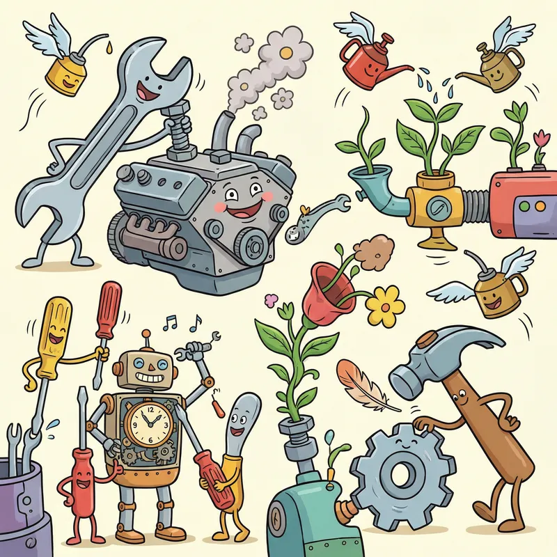 Whimsical Preventive Maintenance Image with Cartoonish Tools and Machines