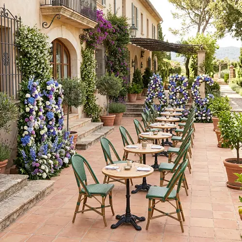 Round 50cm Tables with Green Rattan Chairs Setup
