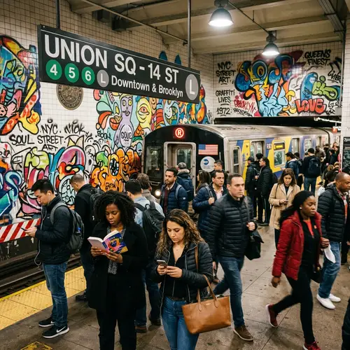 Vibrant New York City Subway Station with Diverse People and Graffiti Art