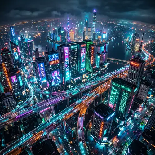 Futuristic Cityscape of Neon Lights in Cyberpunk Aesthetic