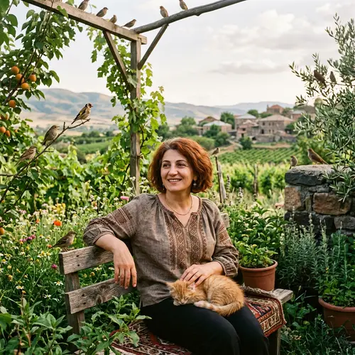 Serene Scene: 45-year-old Armenian Woman with Auburn Bobbed Hair
