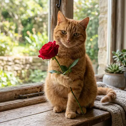 Red Cat Holding Red Rose - Beautiful Image
