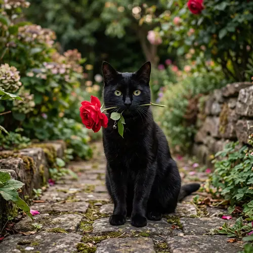 Black Cat Holding Red Rose - Beautiful Image