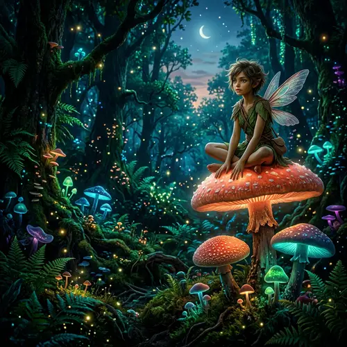 Enchanted Forest Fairy with Colorful Mushrooms