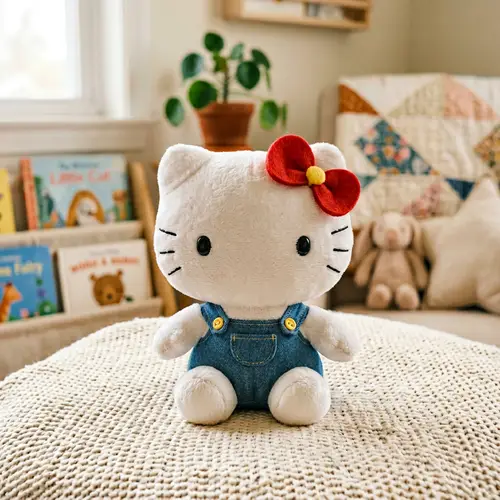 Cute Plush Hello Kitty Toy with Blue Overalls