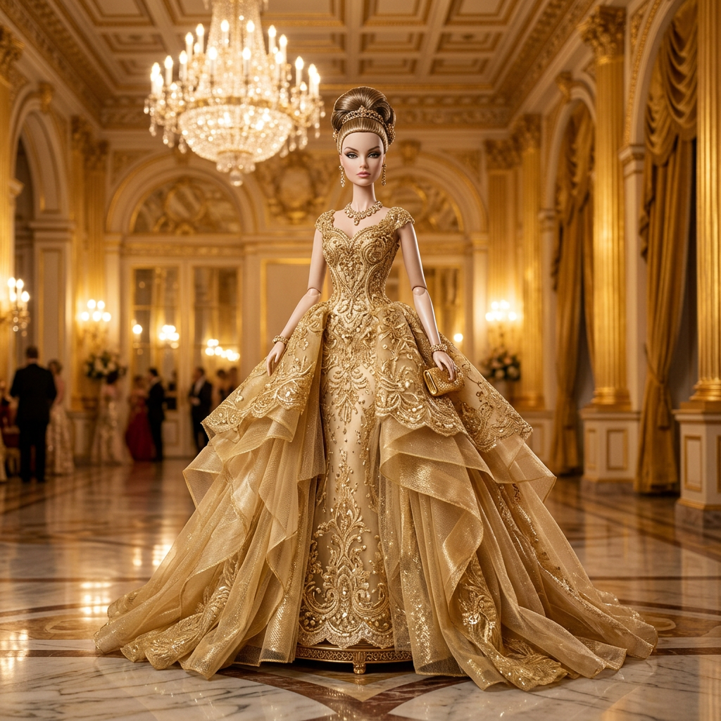 Barbie in Grandiose Golden Gown: Stunning Fashion Doll in Luxurious Attire  | AI Art Generator | Easy-Peasy.AI