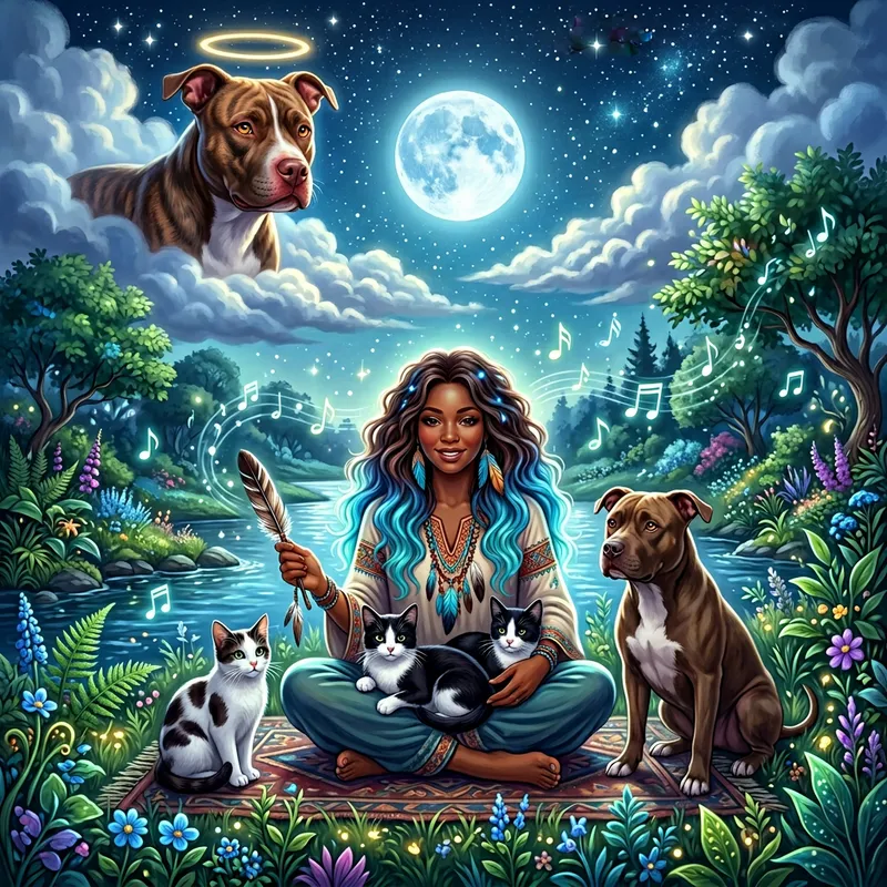 Mystical Scene with Pit Bull Dog, Shamanistic Woman, and Cats in Lush Landscape