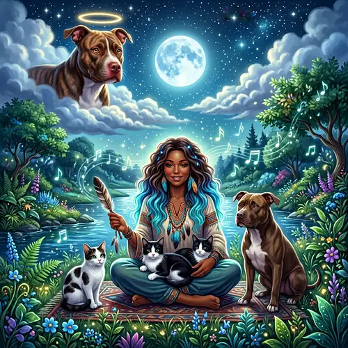 Magical Scene with Pit Bull Dog, Shamanistic Woman, and Cats in Lush Landscape