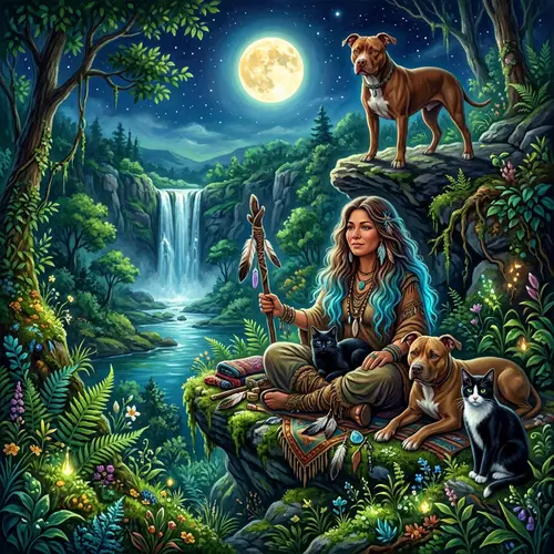 Spiritual Scene with Red-Nosed Pit Bull Dog and Shamanistic Woman