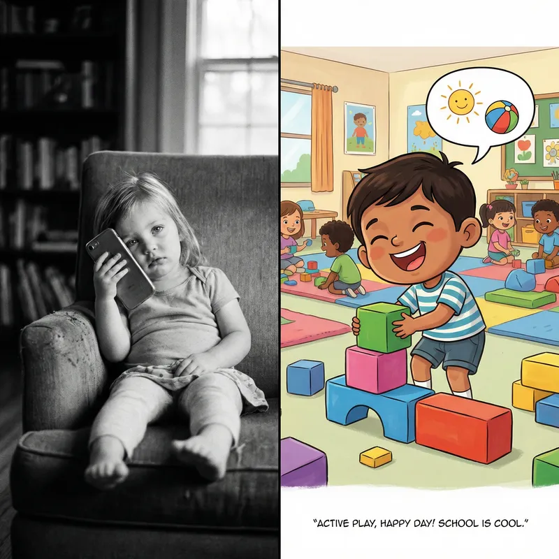 Contrasting Childhood: Tech Monotony vs. Play School Joy