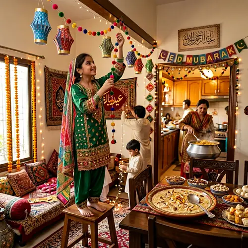 Young Pakistani Girl Prepares for Eid Celebrations with Festive Decor