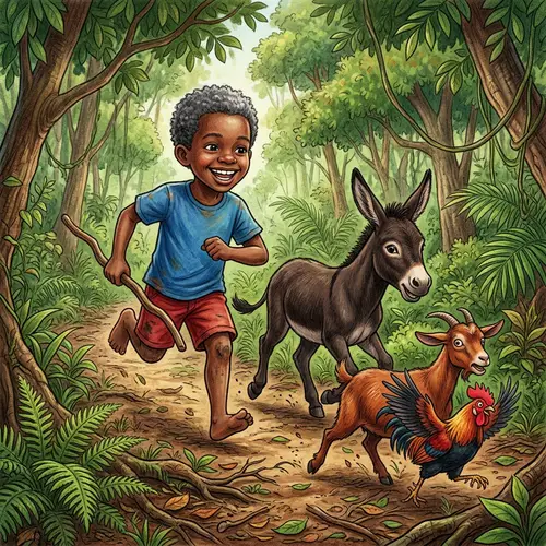 Haitian Male Child Playing in Woods with Animals Illustration